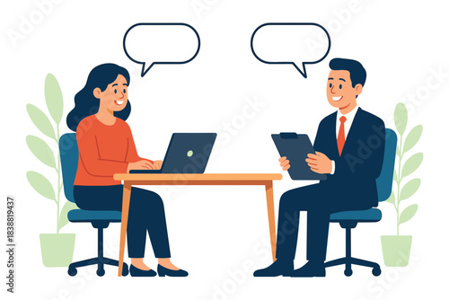 Business woman and man having professional conversation at desk with laptop and clipboard during office meeting, flat vector illustration