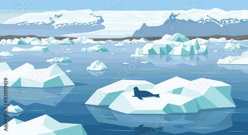 Serene pixel art Arctic or Antarctic landscape featuring a seal resting on an iceberg, surrounded by icy waters and distant mountains.