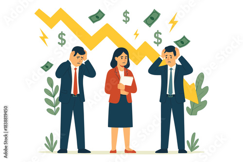 Business team worried about financial loss with declining chart and money symbols, flat vector illustration