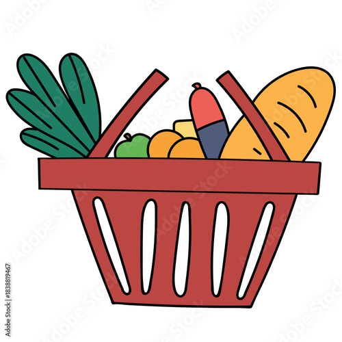 red shopping cart with groceries, shopping, online store, food delivery, Vector isolated element, hand-drawn, outline with color fill