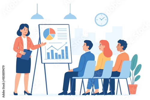 Business woman presenting charts and graphs on board to audience during meeting with data analysis and professional training environment, flat vector illustration