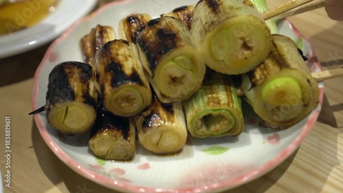 Japanese grill green onion yakitori skewers izakaya style restaurant