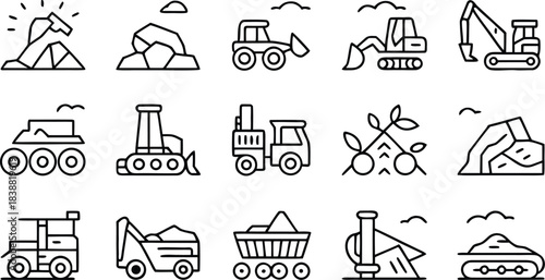 Linear Quarry & Mining Industry Icons – Extraction, Machinery, Geology, Safety