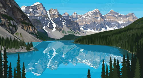 Breathtaking pixel art landscape of Moraine Lake in Banff National Park, with turquoise water reflecting majestic snow-capped mountains and pine forests.