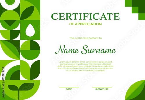 Ecology business certificate with geometric pattern for green environment, vector diploma. Certificate of appreciation for sustainable green technology or nature conservation and ecology protection