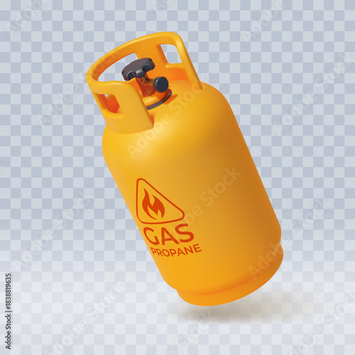 3d gas cylinder for kitchen cooking and heating. Vector yellow LPG container for compressed fuel storage. Metal tank with valve for household or manufacturing use