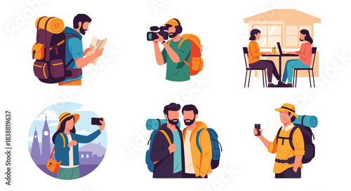 Engaging collection of pixel art illustrations showcasing various travel and tourism activities, including hiking, videography, and sightseeing.