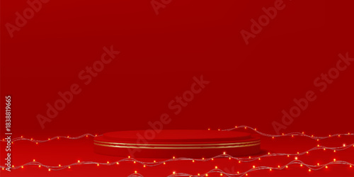 Valentines day red vector podium stage with smooth glossy surface stands and sparkling garland with glowing light bulbs. Pedestal podium for product presentation, festive holiday promotion
