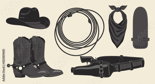 Authentic collection of pixel art Old West cowboy gear icons, including a hat, boots with spurs, lasso, bandana, and holster with a gun.