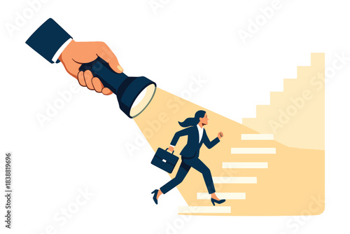 Businesswoman climbing illuminated stairs with guidance from a helping hand shining a flashlight, symbolizing support and career growth, flat vector illustration