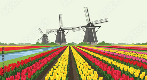 Expansive pixel art landscape of vibrant Dutch tulip fields in full bloom, featuring three traditional windmills and a serene canal.