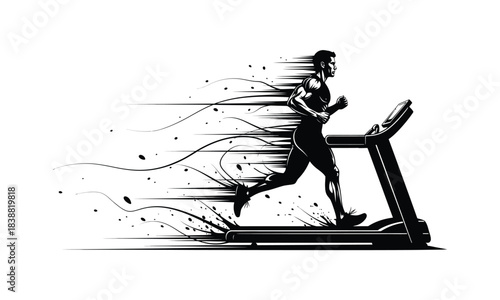 Running man on treadmill with speed effect on white background