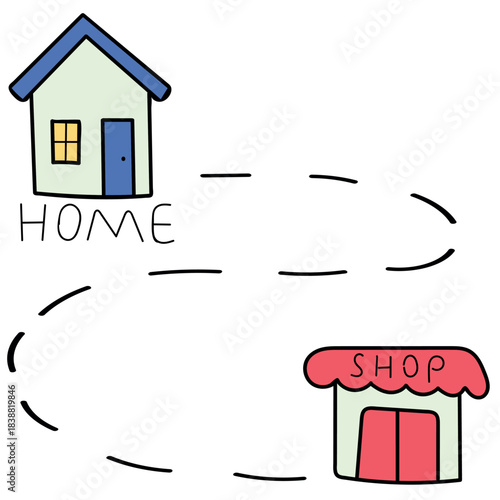 route from store to home, courier service, order delivery, Vector isolated element, hand-drawn, outline with color fill