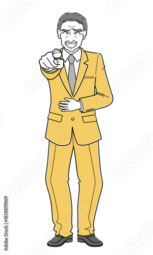 指をさしてあざ笑うスーツの中年男性（シンプル）