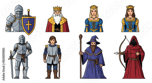 Grand collection of pixel art characters from a medieval fantasy setting, including brave knights, wise kings, elegant queens, and powerful wizards.