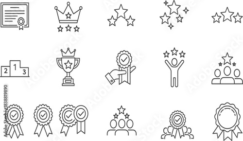Award and achievement line icons set illustrating excellence, certification, recognition, success, winners, leadership, quality badges, trophies, ratings and top performance symbols