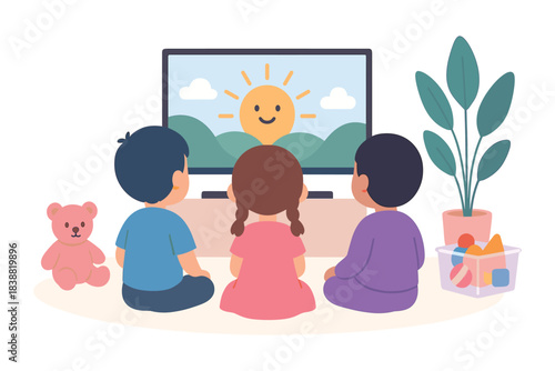 Children sitting together and watching cheerful sunrise scene on television in cozy indoor room with toys and plants, flat vector illustration