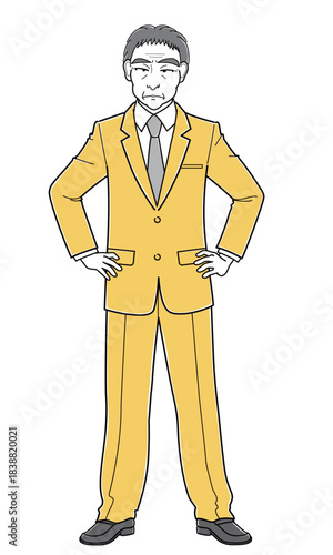 軽蔑するような表情で腰に手をあてて立つスーツの中年男性（シンプル）