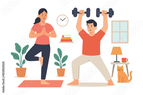 Couple doing home workout with yoga and weight exercise together in a cozy room, flat vector illustration