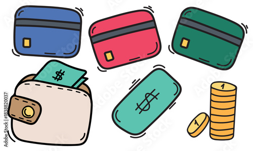 coins, bank card, bills, cash in wallet, cash and non-cash payments, Vector isolated element, hand-drawn, outline with color fill, Set of icons for mobile apps, websites, and services for delivery