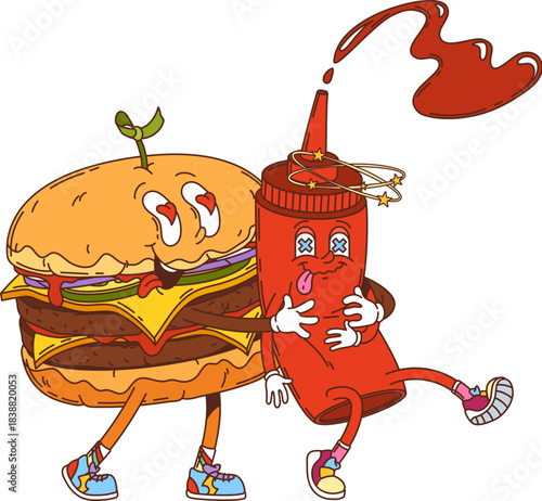 Cartoon groovy hippie burger and ketchup characters hugging with expressive faces and playful retro y2k vibe. Vector cute comic fast food hamburger and catsup bottle personages with love funky mood