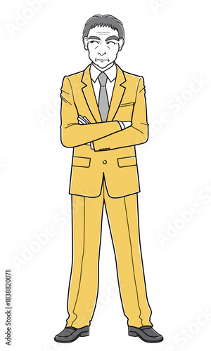 腕を組んで考え事をしているスーツの中年男性（シンプル）