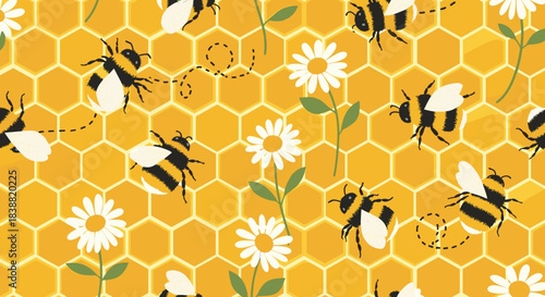 Charming seamless pattern featuring buzzing bees, delicate daisies, and an intricate honeycomb background, symbolizing nature and spring.