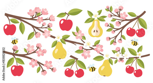 Delightful seamless pattern showcasing fruit tree branches with ripe apples, juicy pears, plump cherries, delicate blossoms, and buzzing bees.