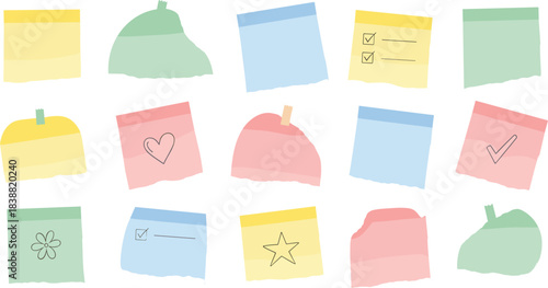 Pastel Sticky Notes Set – Cute Doodle Reminders, Torn Paper Memo, Hand Drawn Planner Stickers and Colorful Note Vector Collection