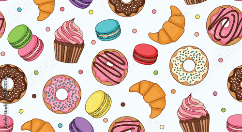 Irresistible seamless pattern featuring a delightful assortment of sweet pastries, including colorful donuts, macarons, croissants, and cupcakes with sprinkles.