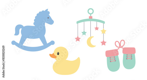Adorable collection of classic baby items, including a blue rocking horse, yellow rubber duck, crib mobile, and cozy baby booties.