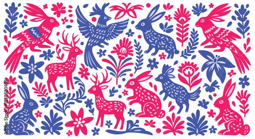 Intricate Mexican Otomi-style embroidery pattern with vibrant pink and blue folk art animals like deer, rabbits, and birds.