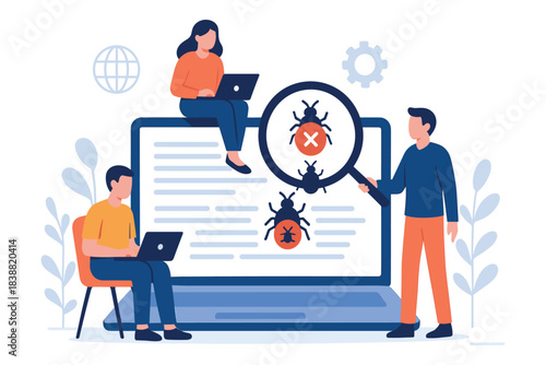 Developers fixing bugs on computer screen, teamwork concept showing programmers detecting errors and testing code together for software improvement, Flat Vector Illustration