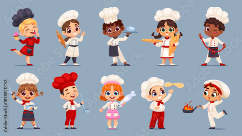 Kid cook chefs, cooking children in toque. Adorable cartoon vector kids dressed in colorful uniforms, each holding cooking tools, pastries or ingredients, conveys cooking, fun and culinary exploration
