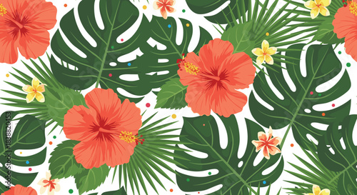 Beautiful seamless tropical pattern with bright red hibiscus flowers, frangipani, and green monstera and palm leaves on white.
