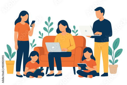 Detailed flat vector illustration showing a modern family using digital devices together at home, parents and children with laptops and tablets in living room, Flat Vector Illustration