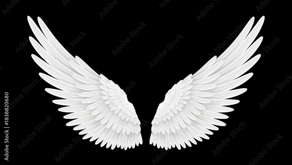 Fototapeta premium Realistic white angel wings with feathers. 3d vector masquerade, festival or carnival costume. Realistic bird or angel wings. Isolated Freedom, spiritual fantasy, spiritual or mythological plumage