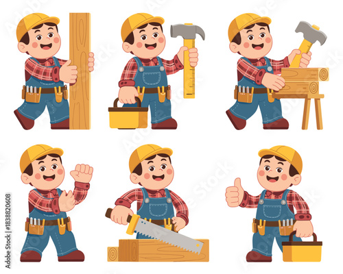 Cheerful cartoon construction worker poses set, a friendly little builder performing various carpentry actions like sawing wood, hammering nails, and carrying tools, a cute vector graphic for DIY proj