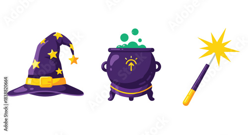 Magical set of witch-themed icons including a purple pointed hat, a bubbling green cauldron, and a sparkling magic wand vector.