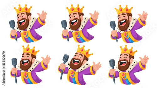 Charismatic cartoon royal king singing into a vintage microphone, joyful bearded monarch mascot performing an energetic musical set for fun entertainment and celebration marketing vector pattern illus