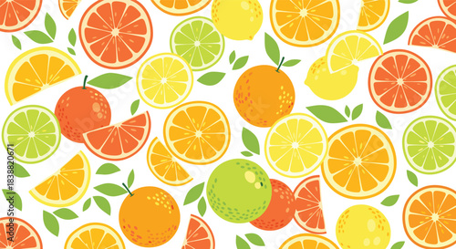 Bright and zesty seamless pattern featuring a colorful assortment of citrus fruits like oranges, lemons, limes, and grapefruits.