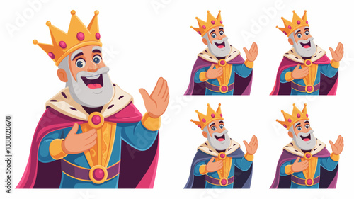 Smiling happy cartoon vector illustration of a friendly elderly king, the powerful monarch ruler, wearing a gold crown and purple royal robe, welcoming with an open wave gesture, symbolizing authority