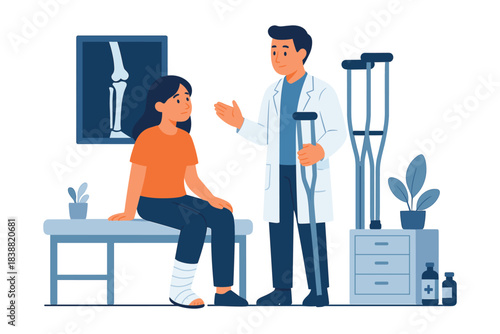 Doctor assisting injured patient with leg bandage and providing crutches during medical consultation, flat vector illustration