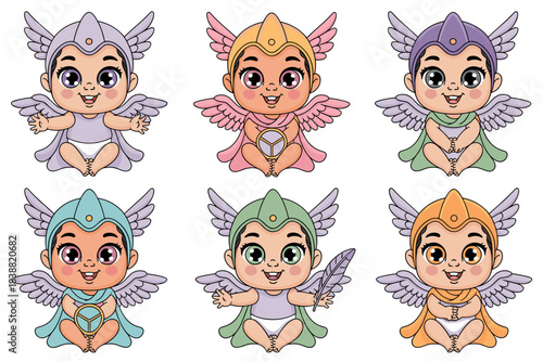 Vector illustration set of six diverse, smiling baby deities or heroic toddlers sitting with winged helmets and capes, representing mythical gods, speed, peace, and communication symbols for children'
