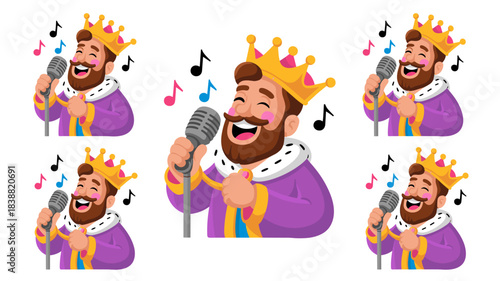 Happy royal king character with a thick brown beard and bright purple regal robe joyfully singing a loud karaoke song into a silver vintage microphone, conceptual vector illustration for success, ente