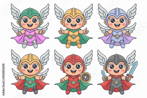 A collection of six cute kawaii cartoon Viking warrior heroes bundle, detailed vector illustration characters wearing colorful armor, capes, and winged helmets for fantasy, mythology, adventure, child