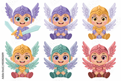 Six colorful cute baby warrior valkyries vector illustration characters sitting in stylized mythological armor with winged helmets and swords, representing childhood protection and strength for graphi