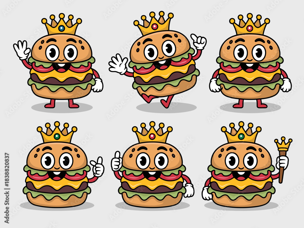 custom made wallpaper toronto digitalAdorable cartoon king burger mascot characters performing various cute and dynamic poses like waving, running, and thumbs up, perfect for fast food restaurant branding, kids' menu designs, and joyful