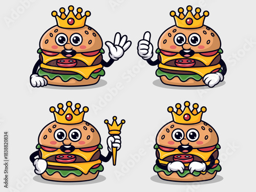 Royal King hamburger cartoon character mascot illustration set featuring four different expressive poses: waving, thumbs up, scepter, and greeting; essential vector graphic element for fast food resta