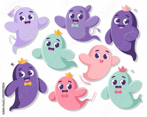 A large collection of cute pastel cartoon ghosts, flying happily with big expressive eyes and sweet smiles, isolated vector illustration set for children's marketing, Halloween party invitations, webs